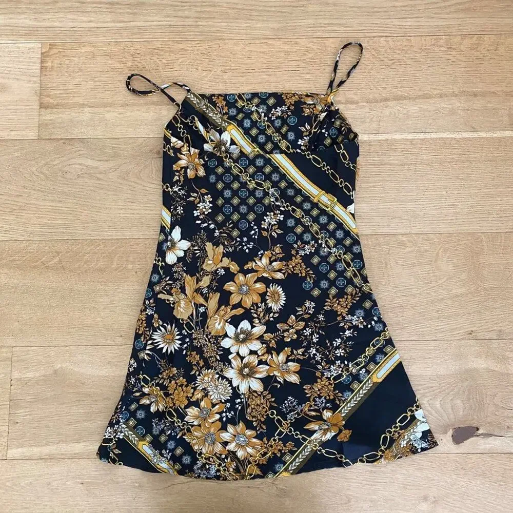Princess Polly Lucci Silky Floral Mini Dress in Black and Gold